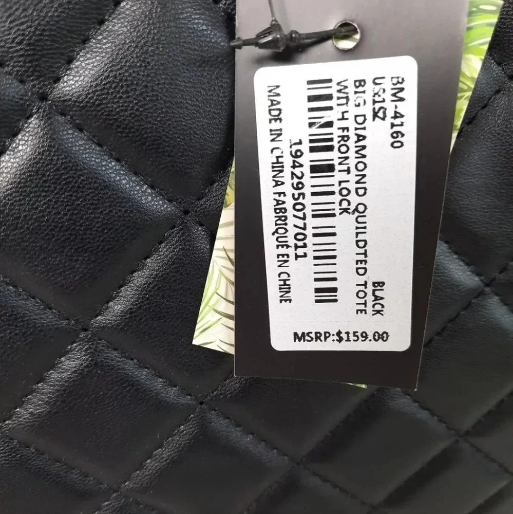 NWT Badgley Mischka Big Quilted Black Diamond Pattern Tote Bag With Front Lock - Picture 10 of 13
